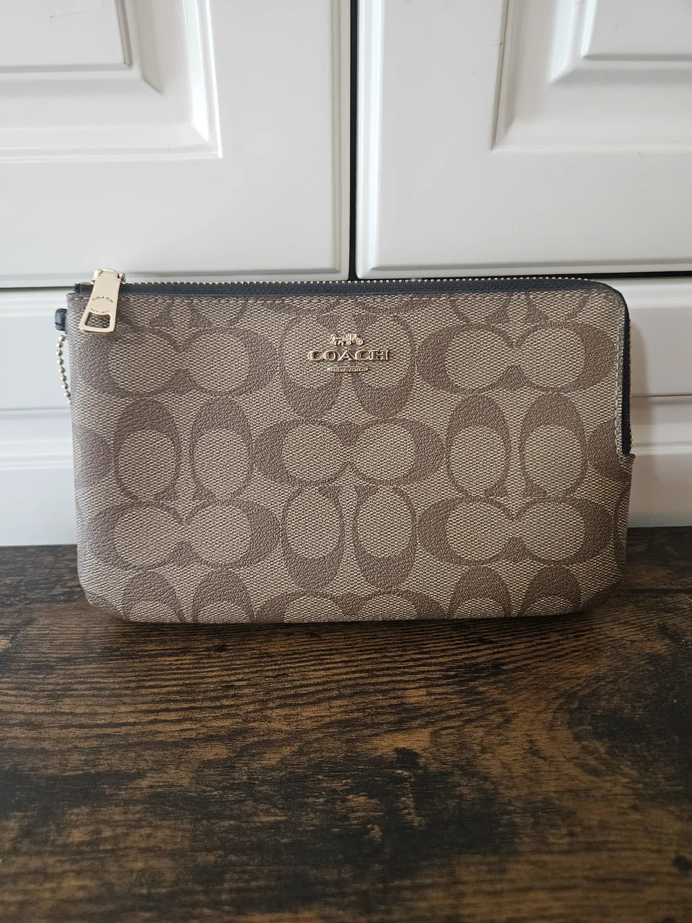 Coach F16109 Brown Signature Coated Canvas Double Zip Wristlet Pouch Wallet Y2k